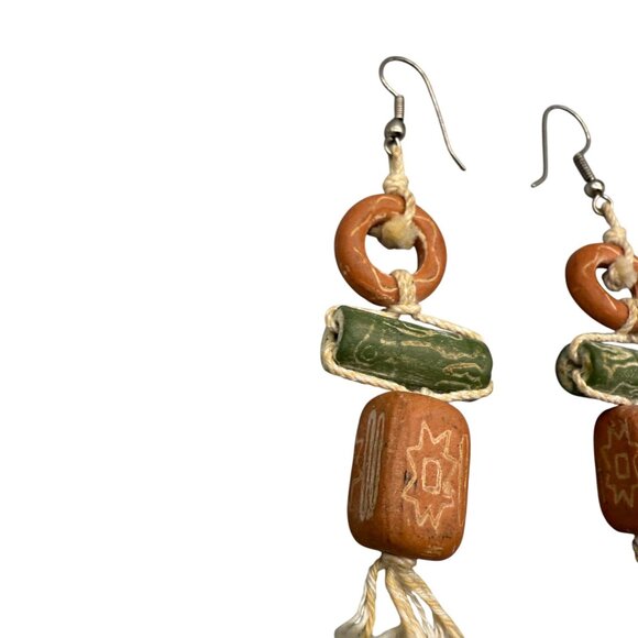 Brown Green Wooded Dangle Drop Earrings Boho Hippie Bohemian - Picture 2 of 3